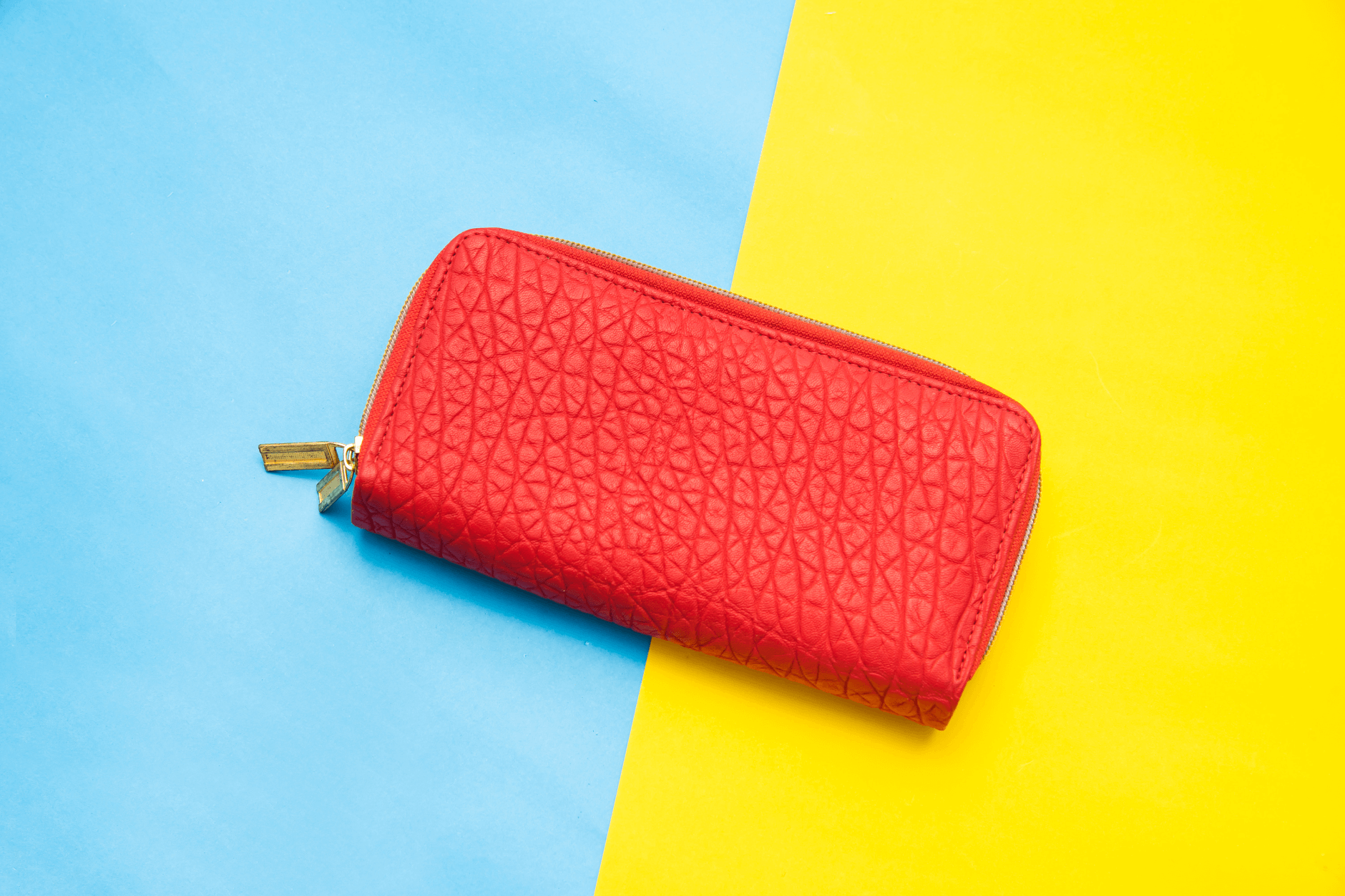 wallet on top of dual-colored background