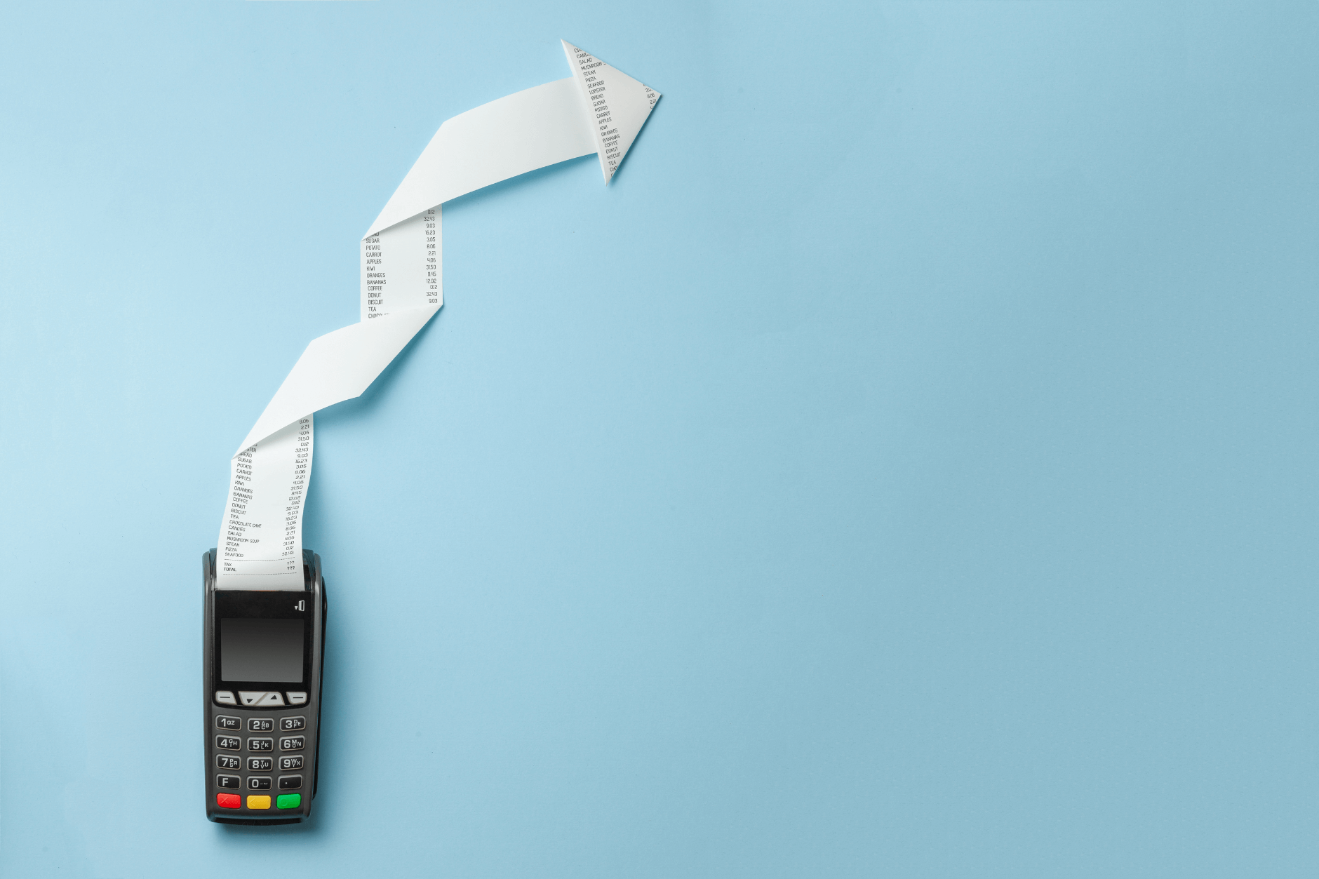 payment terminal with receipt paper folder in an arrow shape